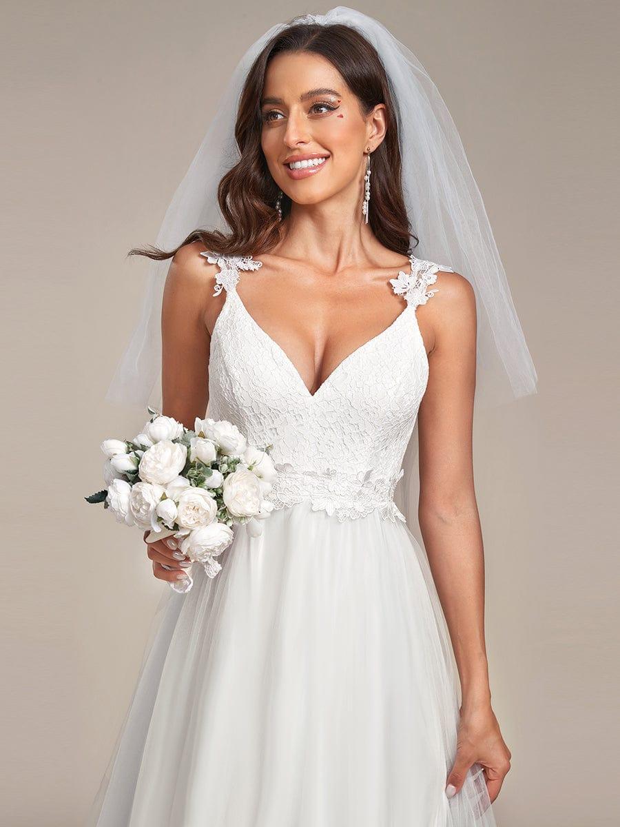 Double V Neck Lace Bodice Floor Length Tulle Wedding Dress - Image 3