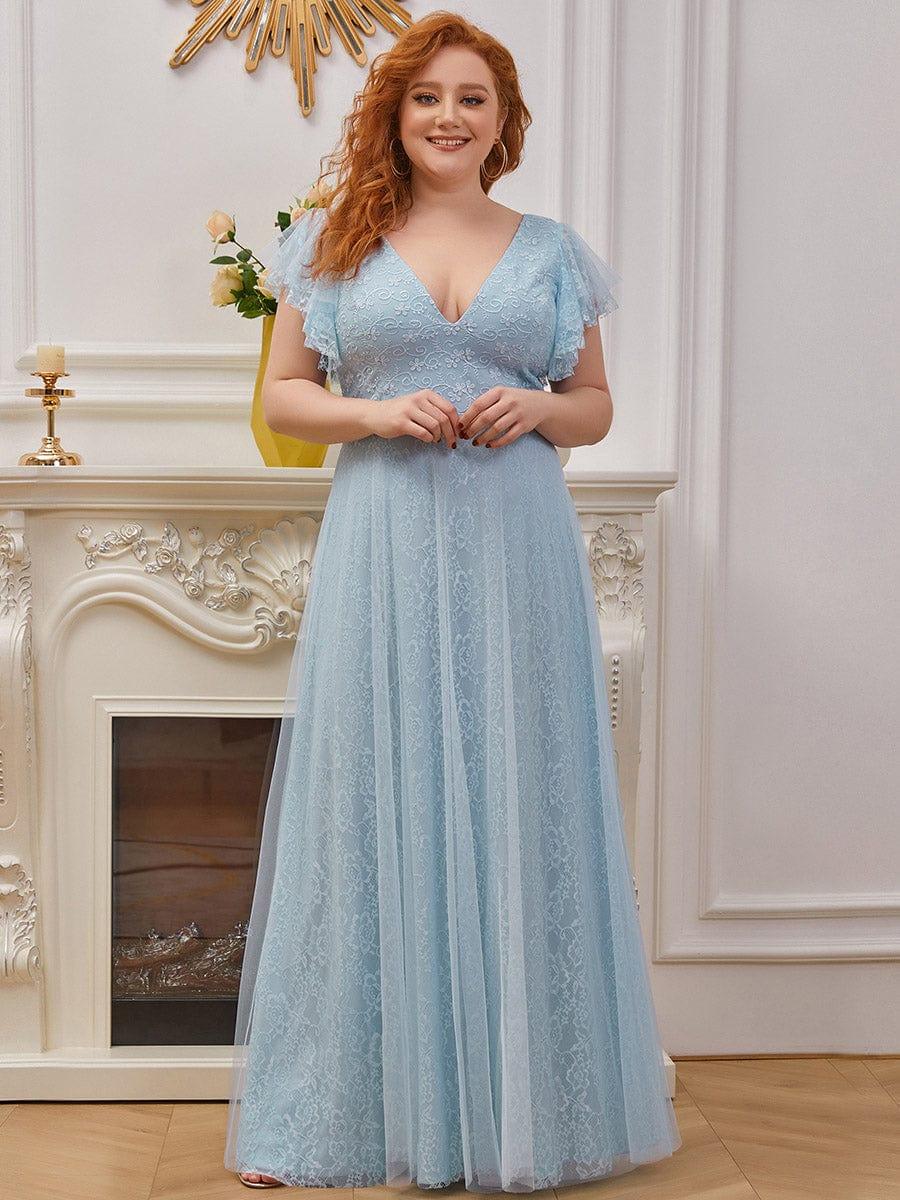 Double V Neck Maxi Lace Evening Dresses with Ruffle Sleeves - Image 8