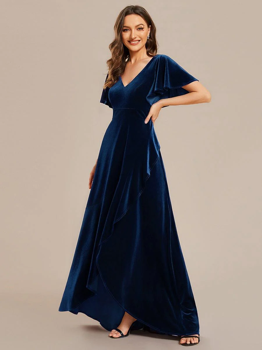 ever SYLVA|Elegant Double V-Neck Short Sleeves Velvet Bridesmaid Dress - Image 15