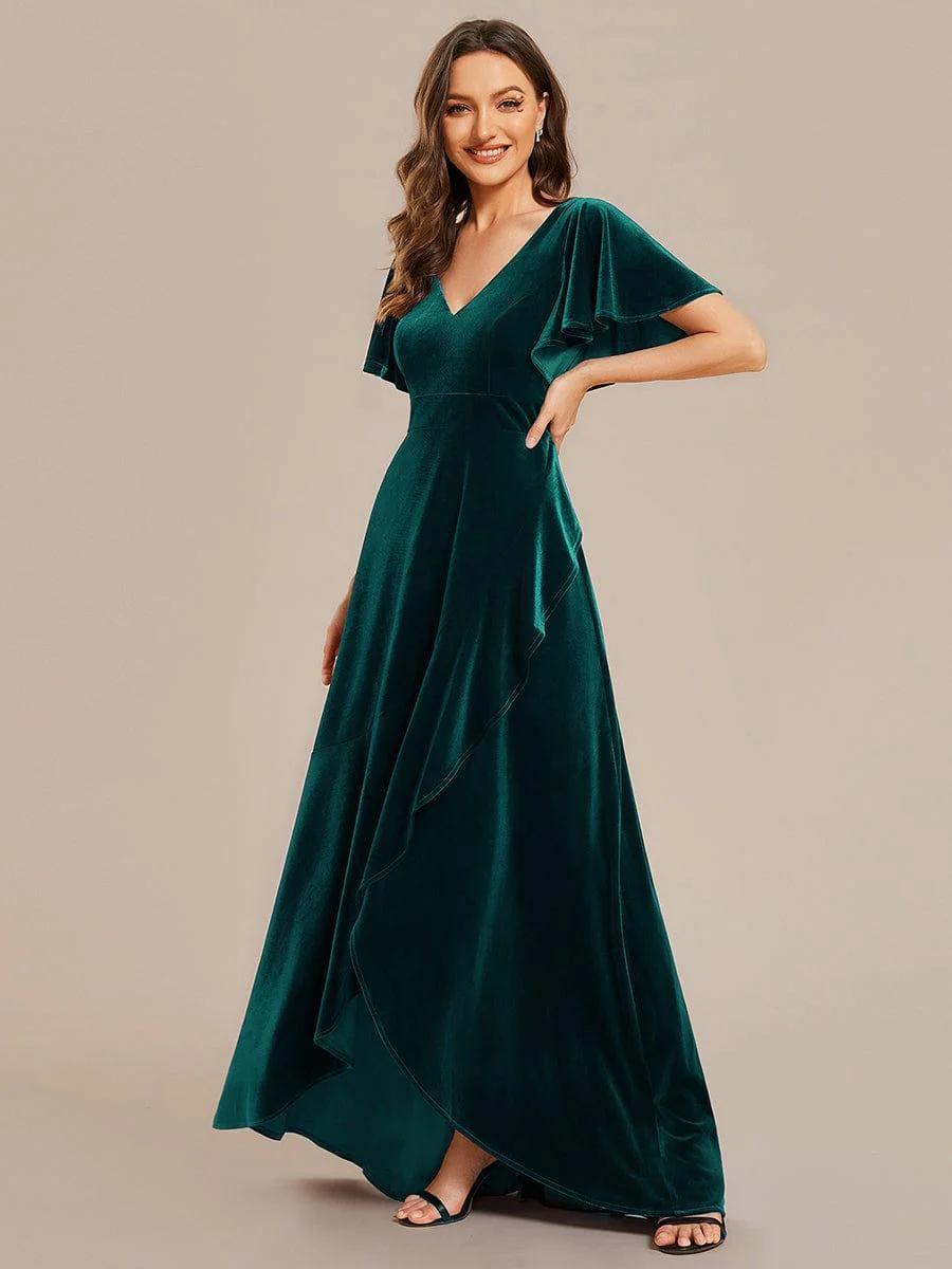 ever SYLVA|Elegant Double V-Neck Short Sleeves Velvet Bridesmaid Dress - Image 24