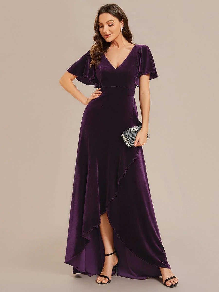 ever SYLVA|Elegant Double V-Neck Short Sleeves Velvet Bridesmaid Dress - Image 39