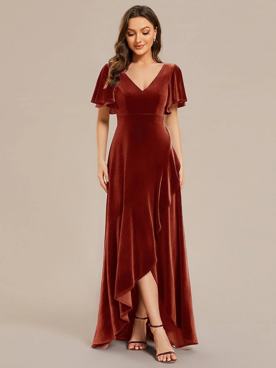 ever SYLVA|Elegant Double V-Neck Short Sleeves Velvet Wedding Guest Dress - Image 49