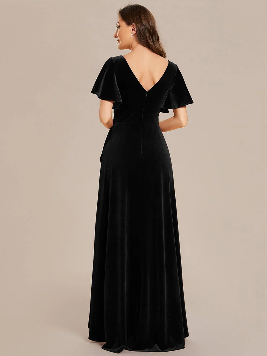 ever SYLVA|Elegant Double V-Neck Short Sleeves Velvet Bridesmaid Dress - Image 56