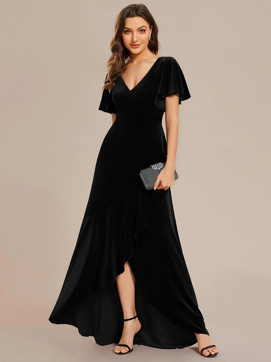 ever SYLVA|Elegant Double V-Neck Short Sleeves Velvet Evening Dress - Image 29