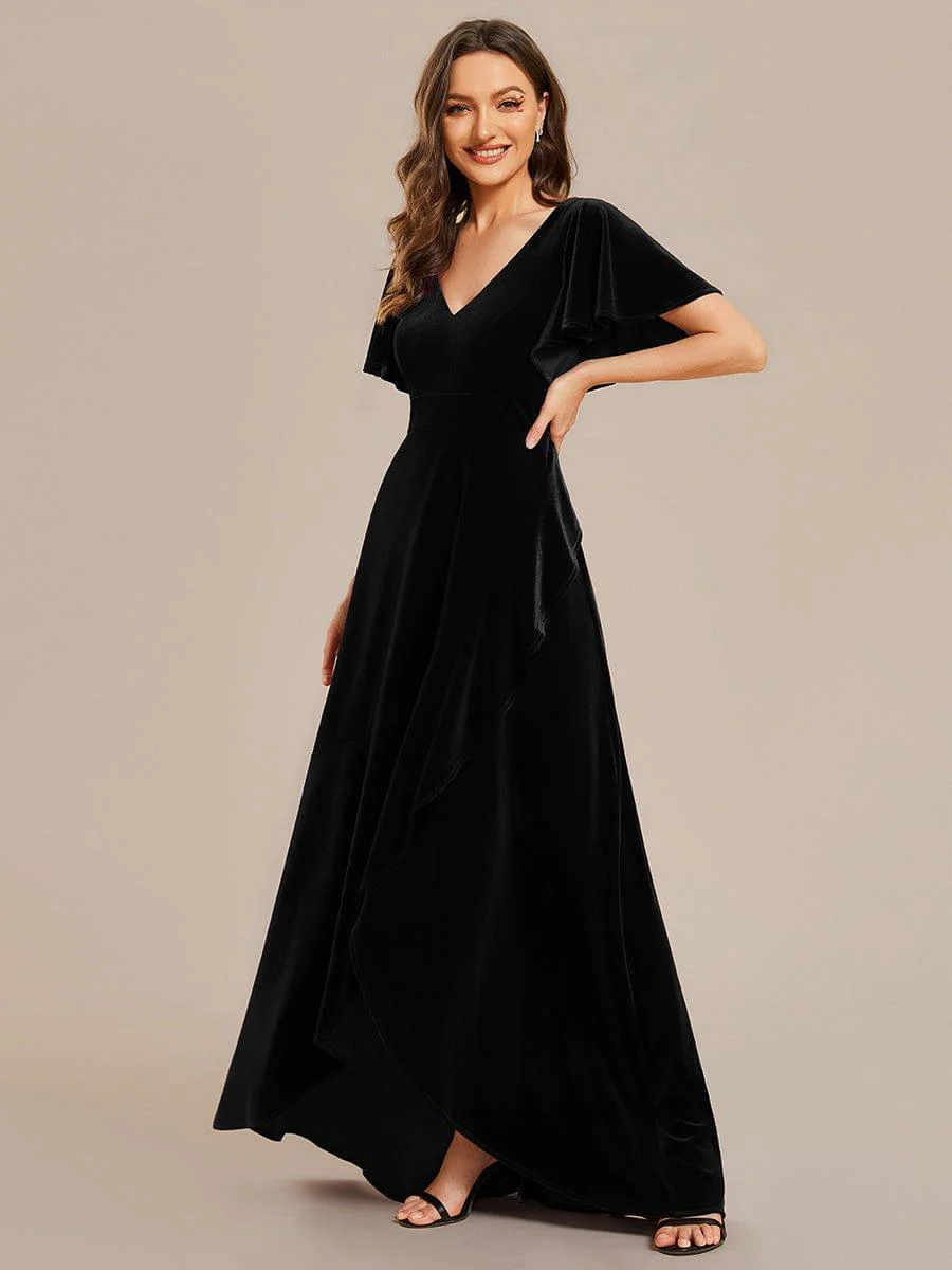 ever SYLVA|Elegant Double V-Neck Short Sleeves Velvet Evening Dress - Image 33