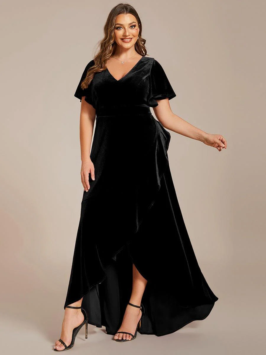 ever SYLVA|Elegant Double V-Neck Short Sleeves Velvet Evening Dress - Image 37