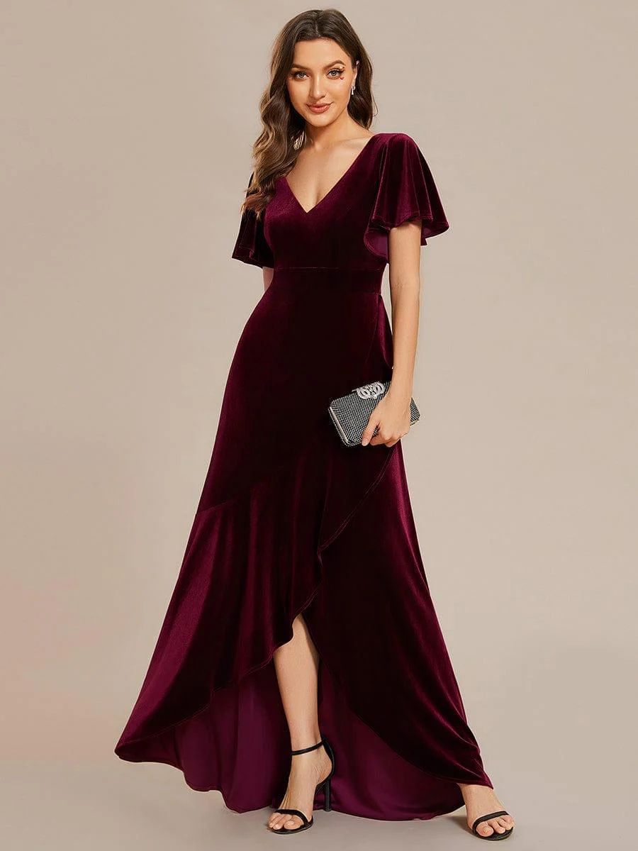 ever SYLVA|Elegant Double V-Neck Short Sleeves Velvet Evening Dress - Image 4