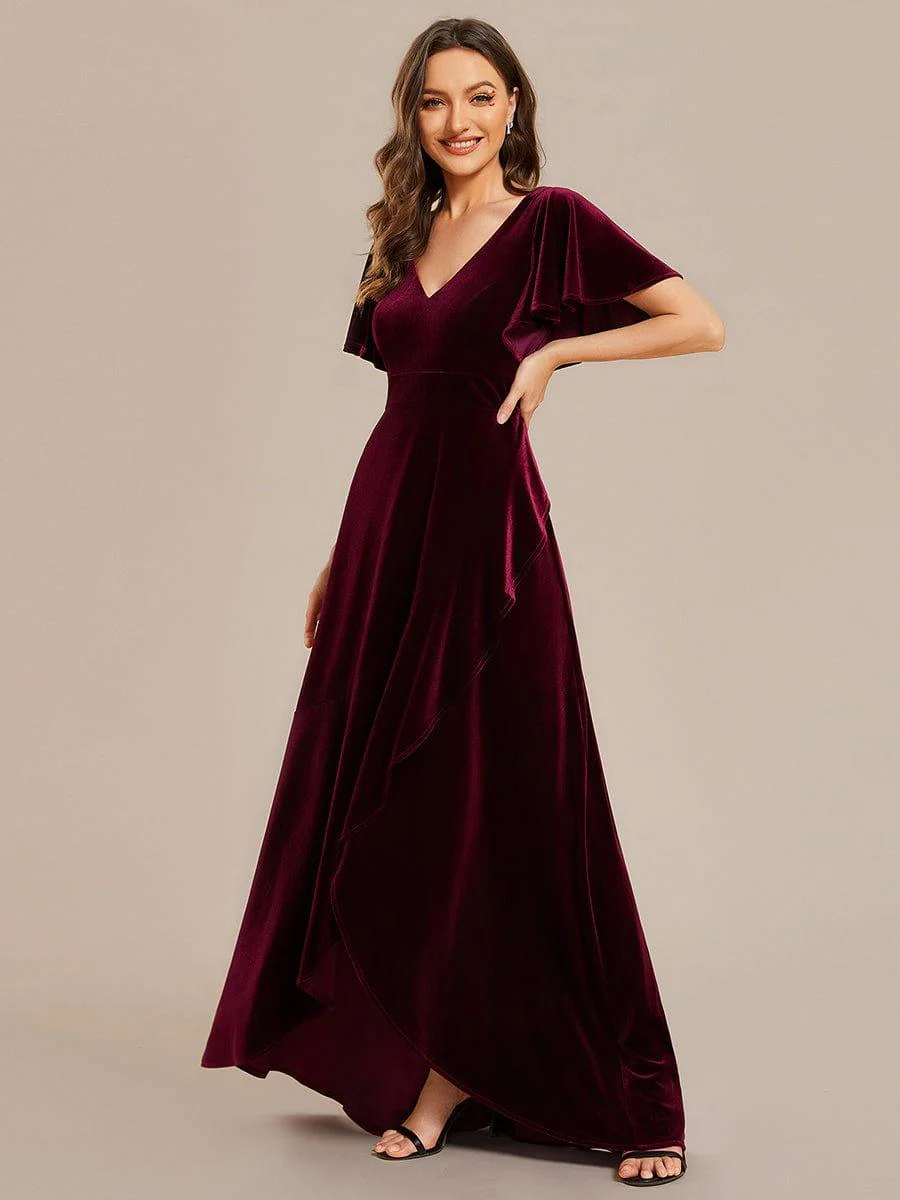 ever SYLVA|Elegant Double V-Neck Short Sleeves Velvet Evening Dress - Image 5