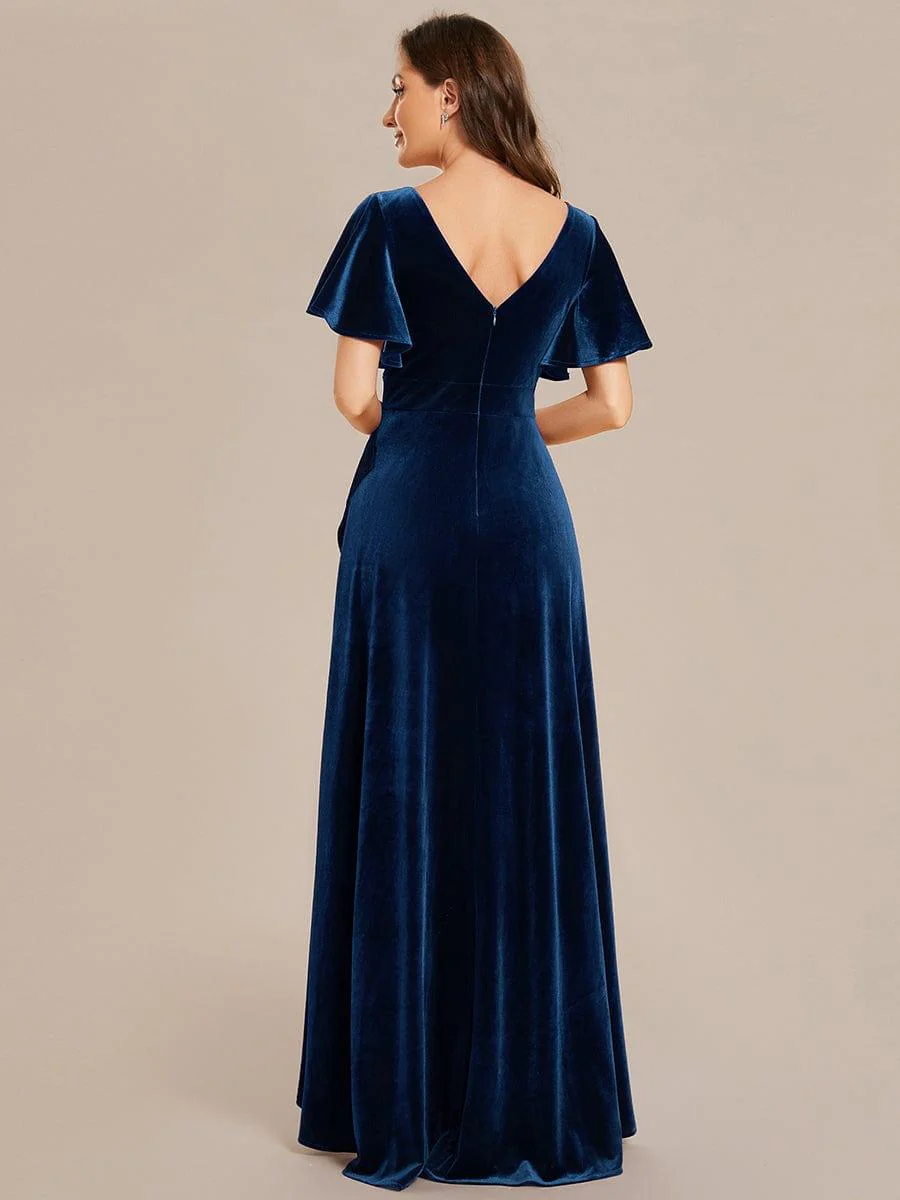 ever SYLVA|Elegant Double V-Neck Short Sleeves Velvet Wedding Guest Dress - Image 12