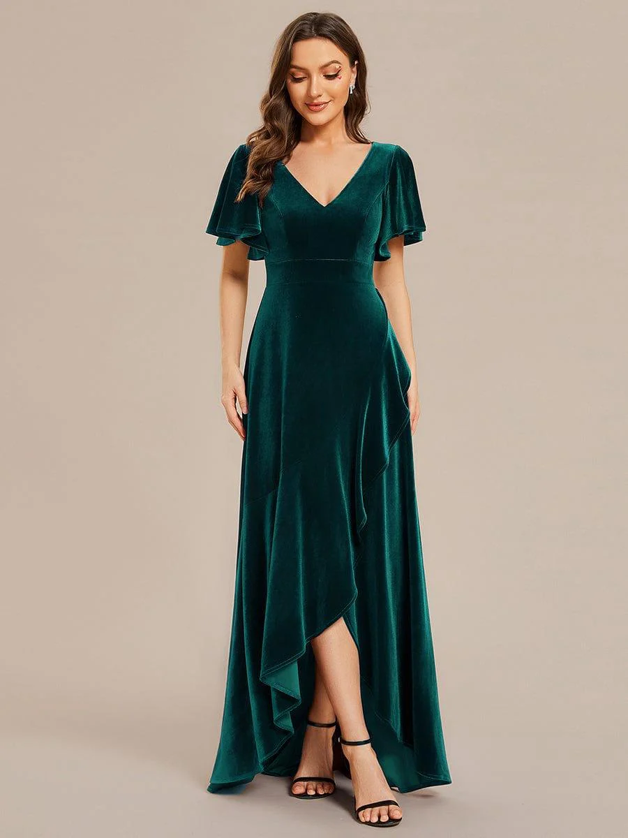 ever SYLVA|Elegant Double V-Neck Short Sleeves Velvet Wedding Guest Dress - Image 25