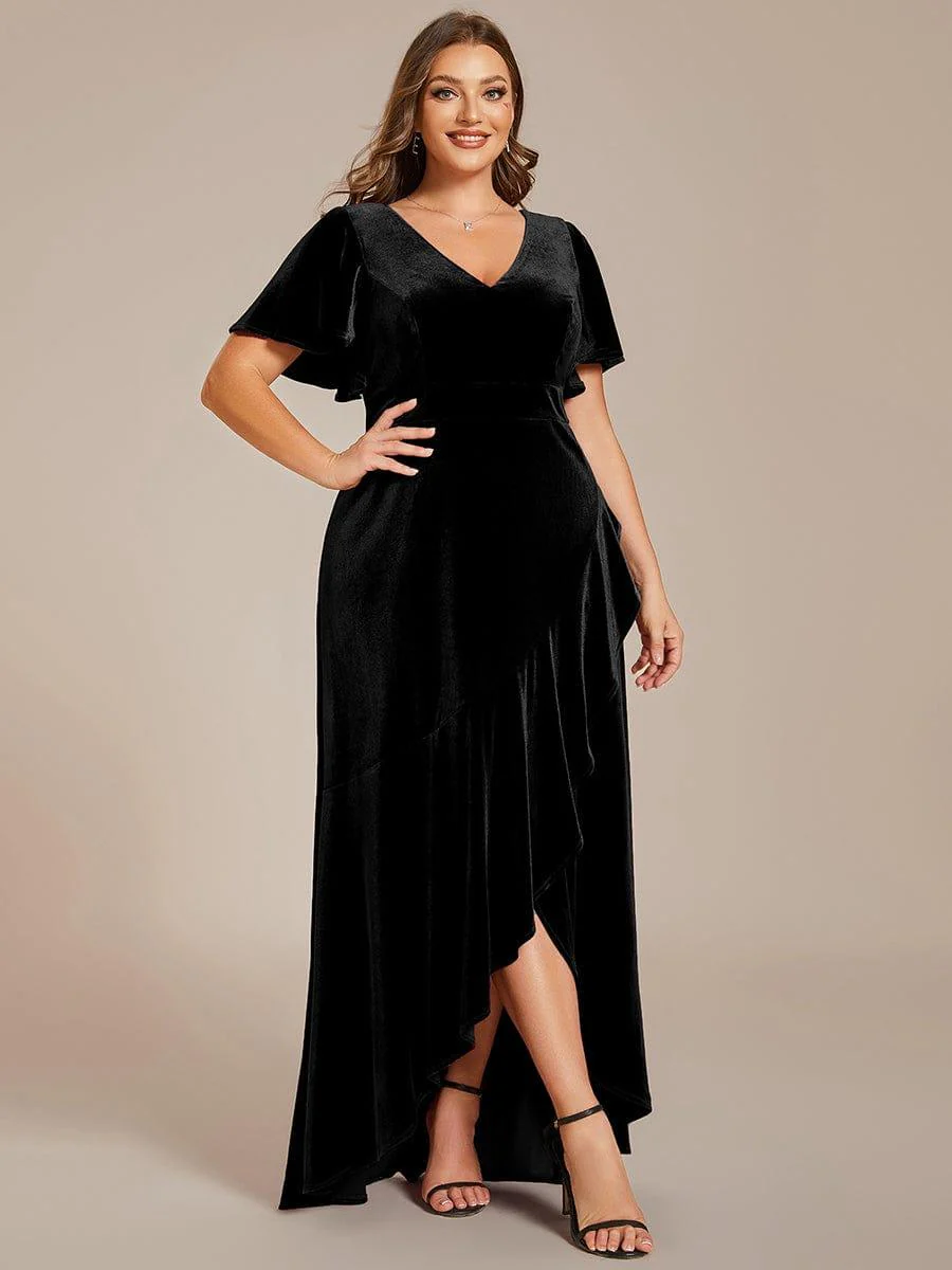 ever SYLVA|Elegant Double V-Neck Short Sleeves Velvet Wedding Guest Dress - Image 38