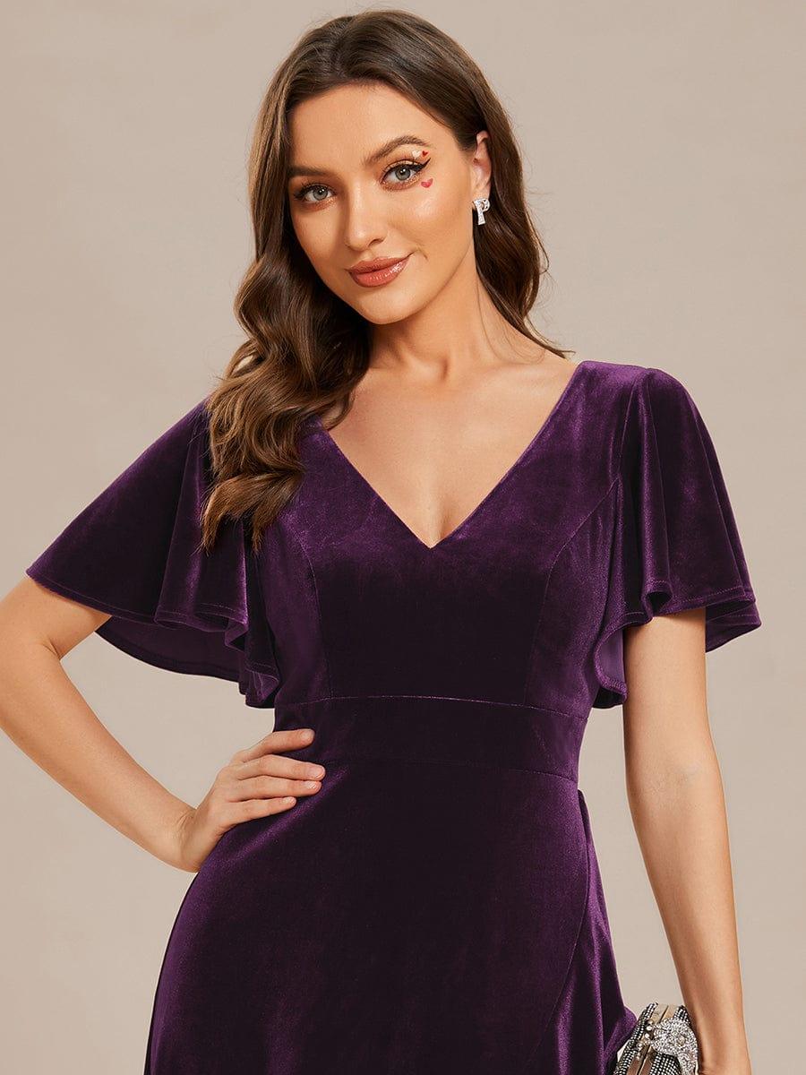 ever SYLVA|Elegant Double V-Neck Short Sleeves Velvet Wedding Guest Dress - Image 41