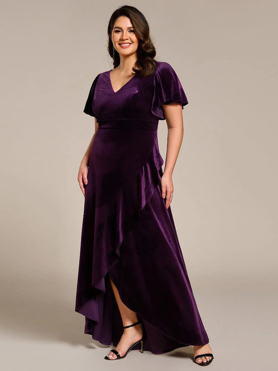 ever SYLVA|Elegant Double V-Neck Short Sleeves Velvet Wedding Guest Dress - Image 47