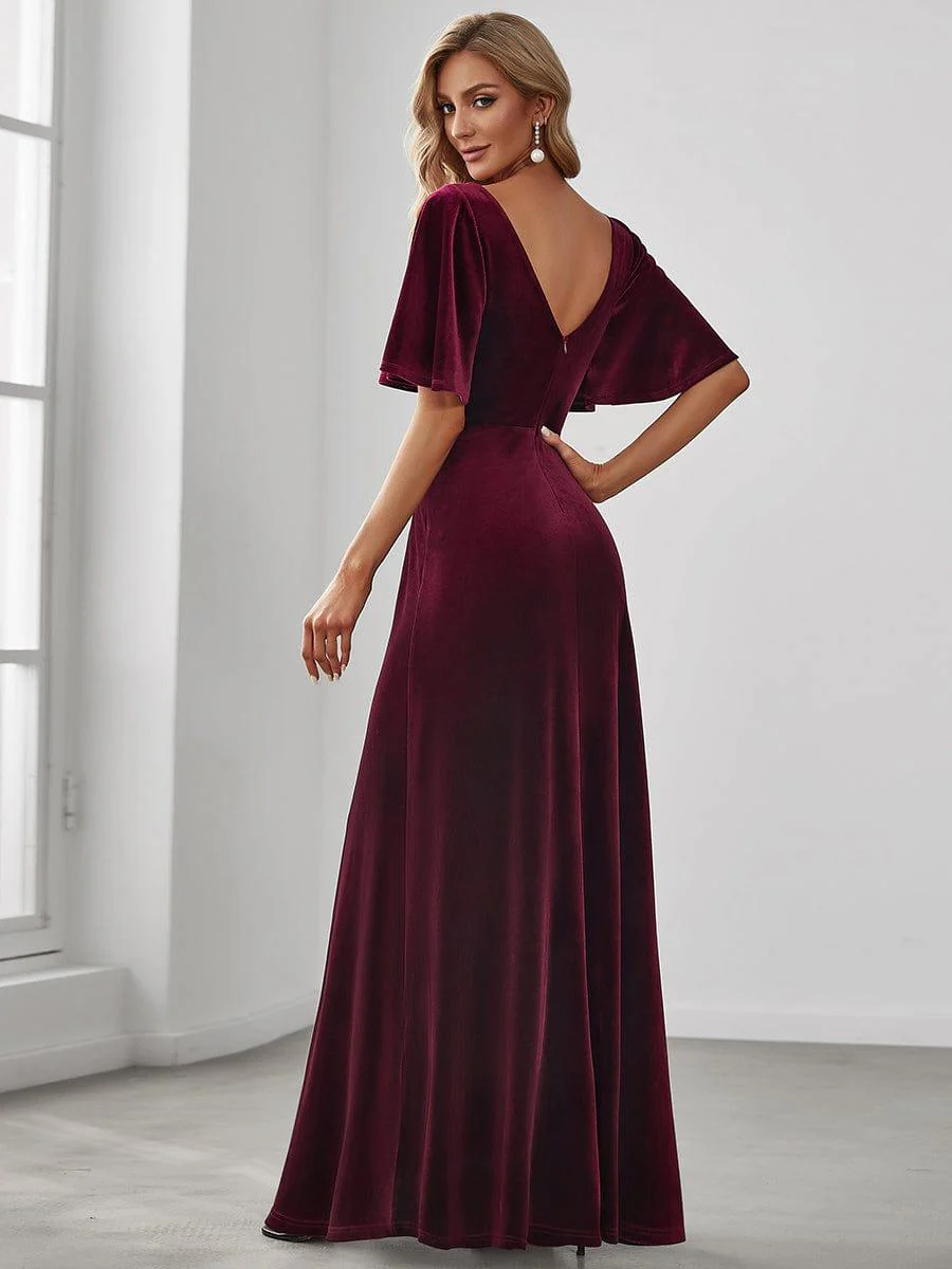 ever REINE|Elegant Double V Neck Velvet Bridesmaid Dress for Women - Image 11