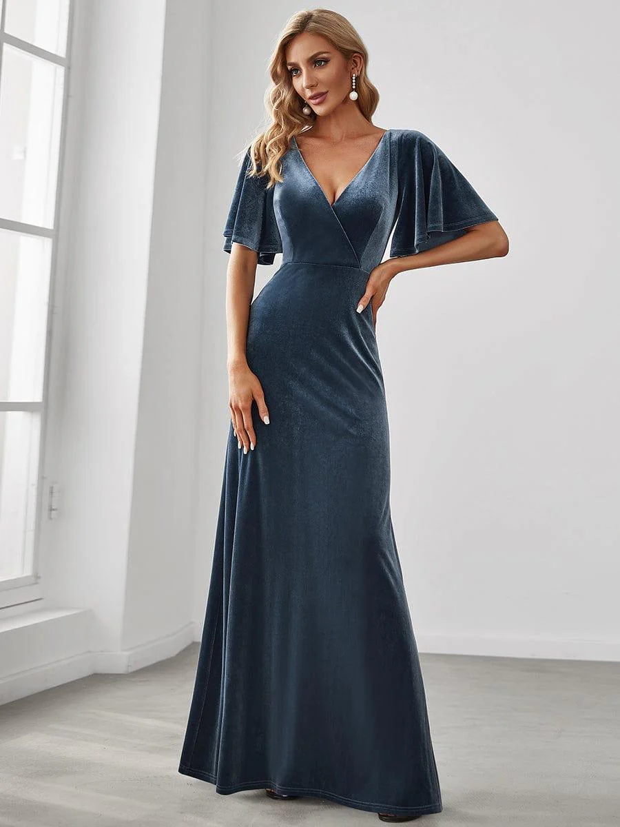 ever REINE|Elegant Double V Neck Velvet Bridesmaid Dress for Women - Image 31