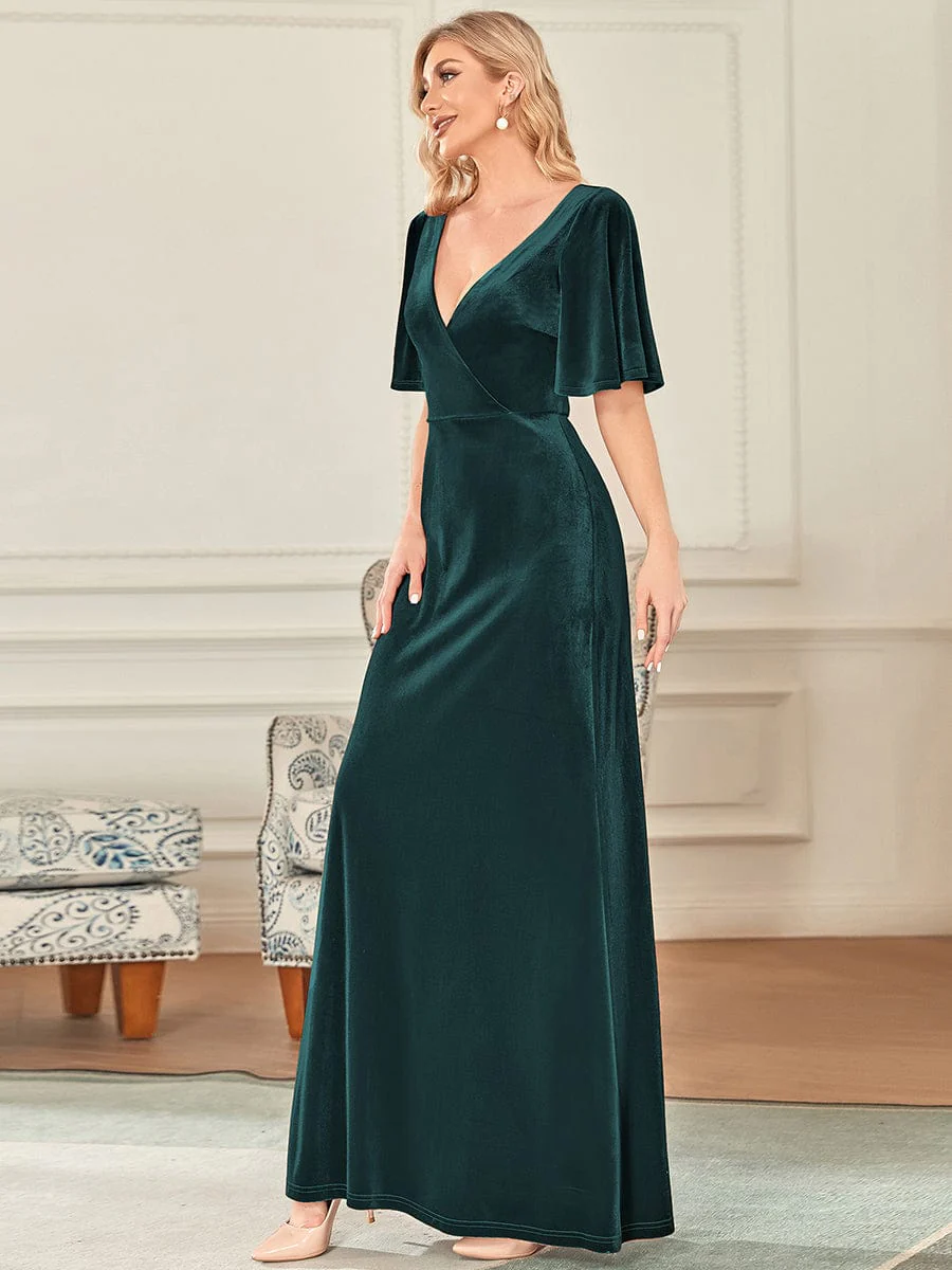 ever REINE|Elegant Double V Neck Velvet Bridesmaid Dress for Women - Image 45