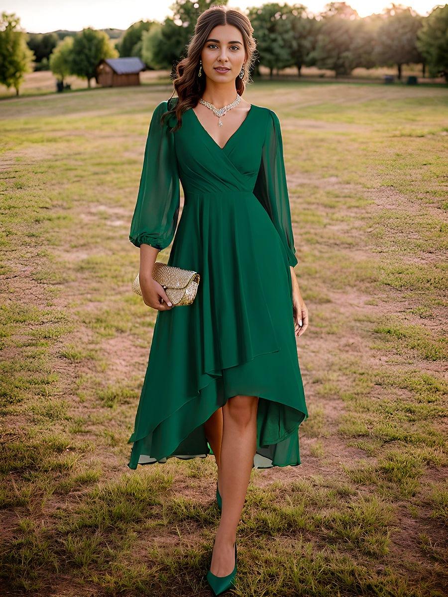 ever BRIAR|Elegant 3/4 Sleeve V-Neck High Low Chiffon Wedding Guest Dress - Image 8