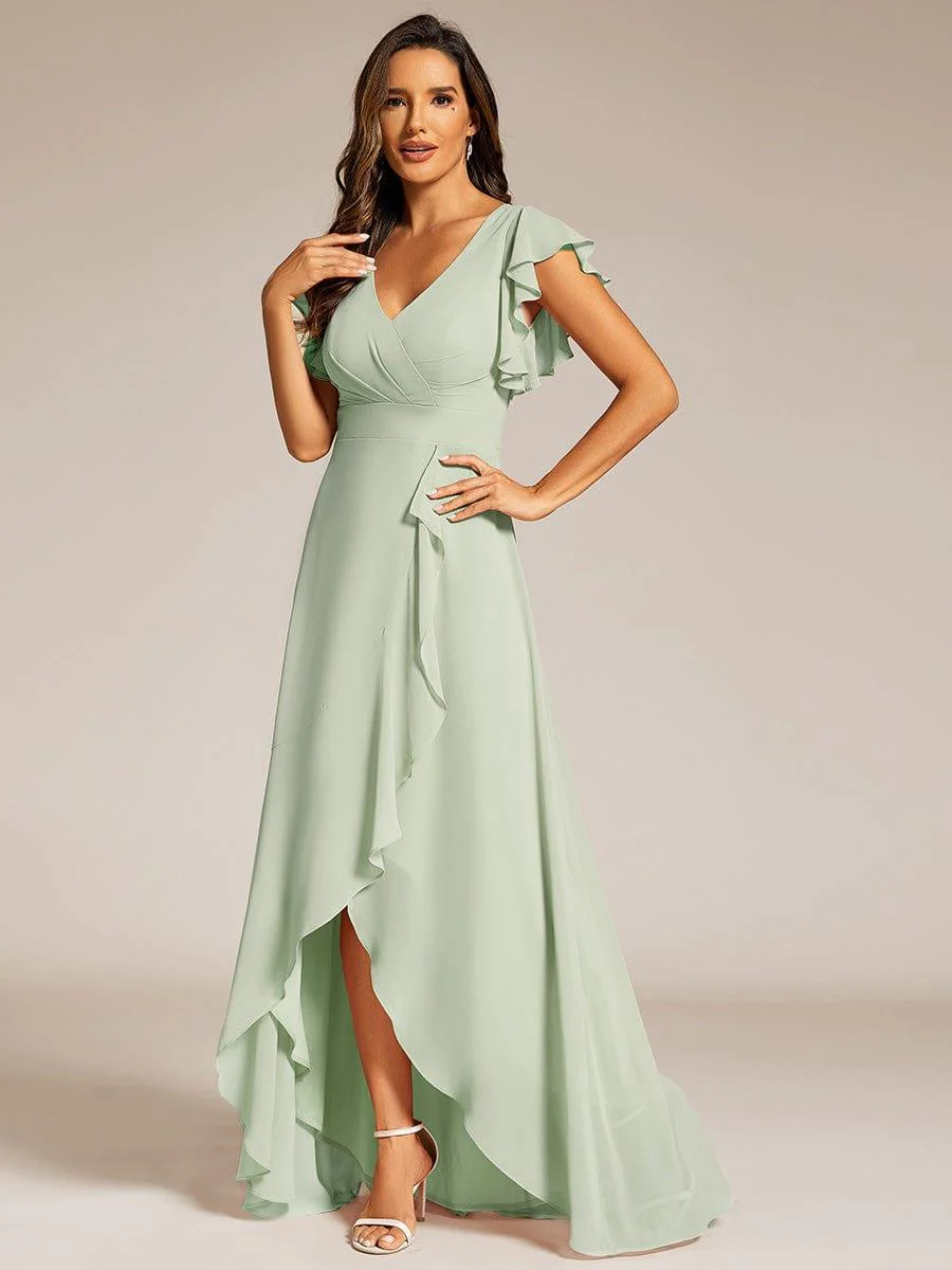 Elegant Ruffled Chiffon High-Low Bridesmaid Dress with Backless Design - Image 12
