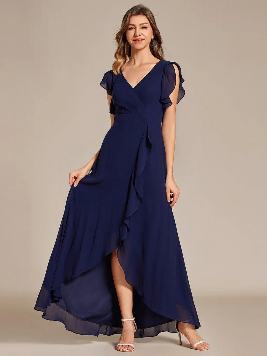 Elegant Ruffled Chiffon High-Low Bridesmaid Dress with Backless Design - Image 25