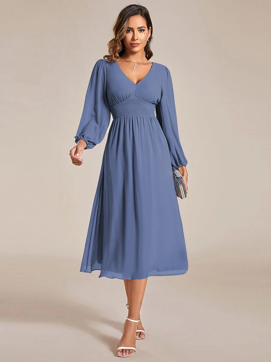 ever AMARA|Elegant V Neck Long Sleeves Midi Wedding Guest Dress