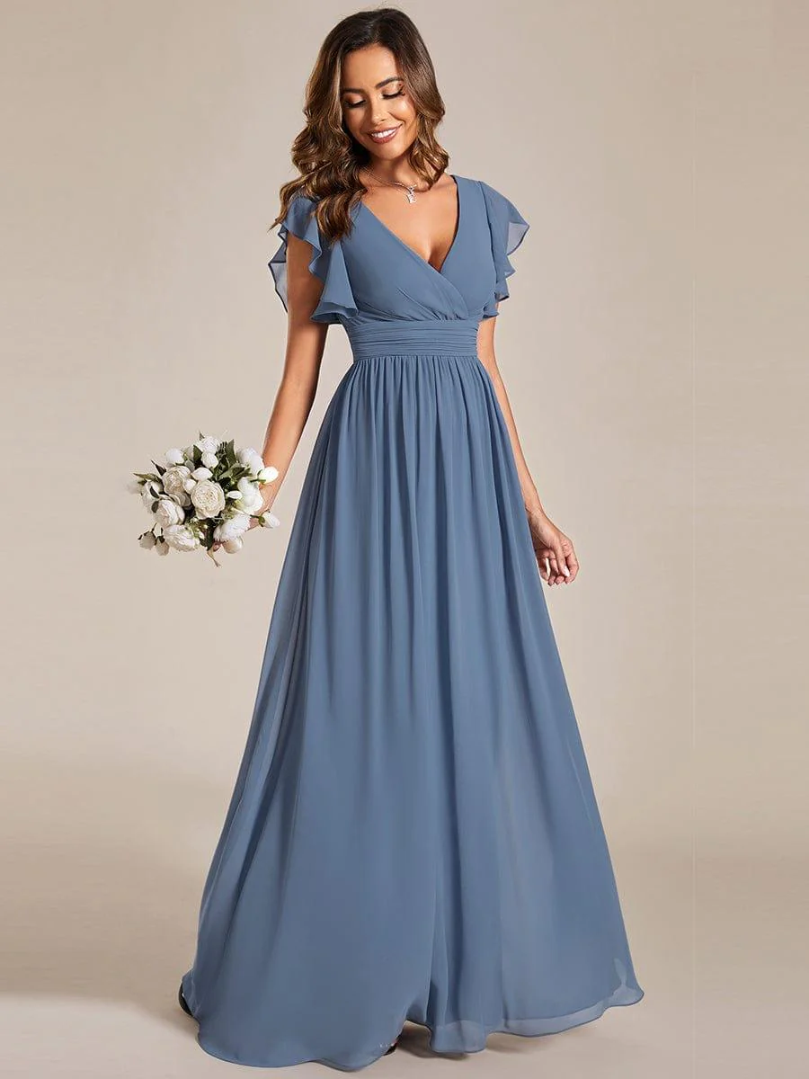 ever LILYANA|Elegant V-Neck Open Back Chiffon Bridesmaid Dress with Ruffled Sleeves - Image 23