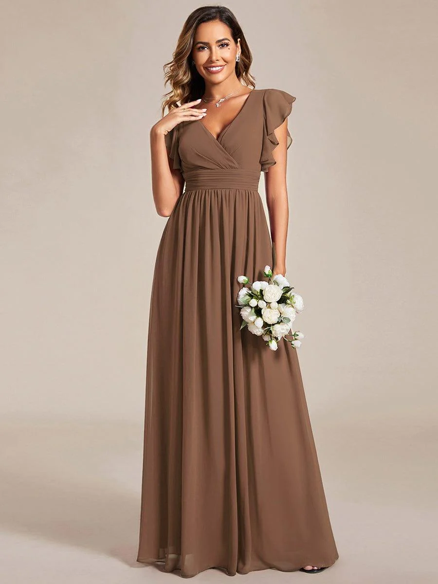 ever LILYANA|Elegant V-Neck Open Back Chiffon Bridesmaid Dress with Ruffled Sleeves - Image 60