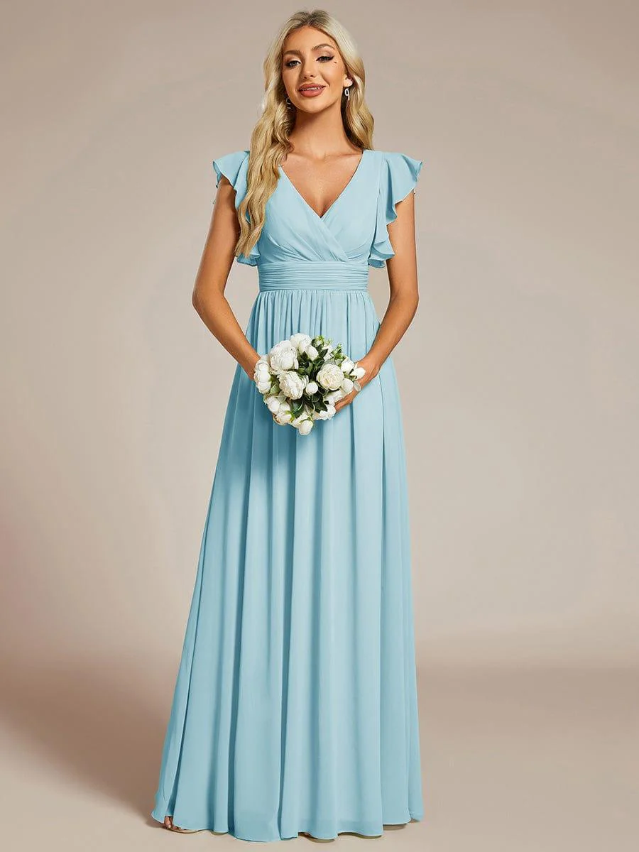 ever LILYANA|Elegant V-Neck Open Back Chiffon Bridesmaid Dress with Ruffled Sleeves - Image 69