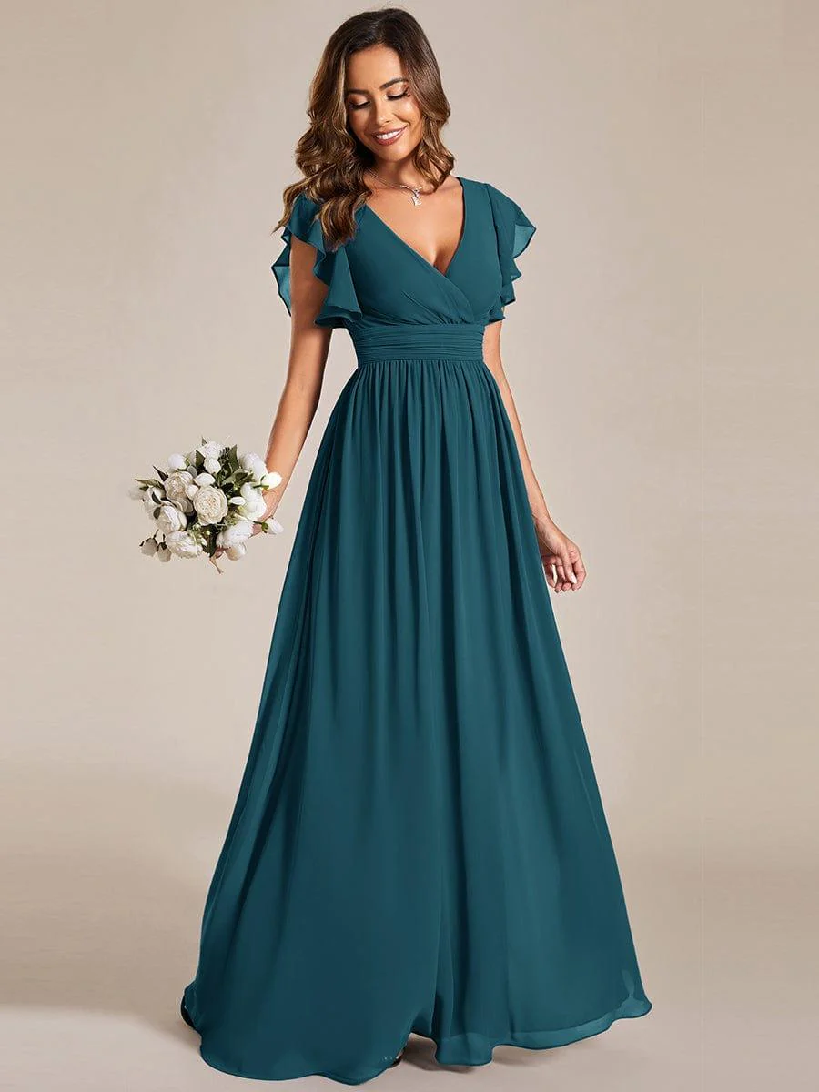 ever LILYANA|Elegant V-Neck Open Back Chiffon Bridesmaid Dress with Ruffled Sleeves - Image 83