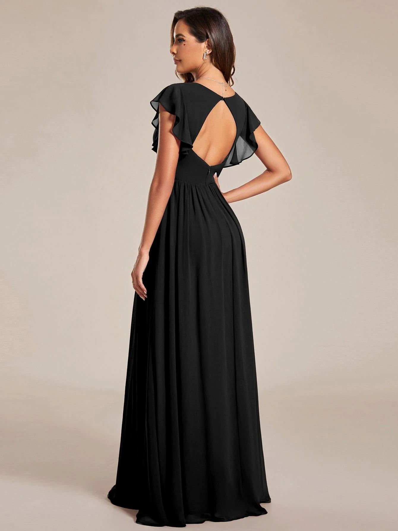 ever LILYANA|Elegant V-Neck Open Back Chiffon Bridesmaid Dress with Ruffled Sleeves - Image 89