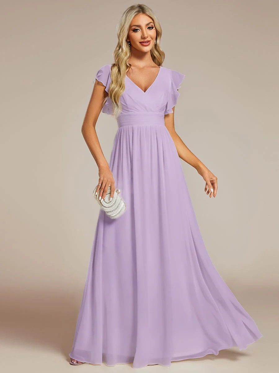 ever LILYANA|Elegant V-Neck Open Back Ruffled Sleeves Chiffon Bridesmaid Dress - Image 58