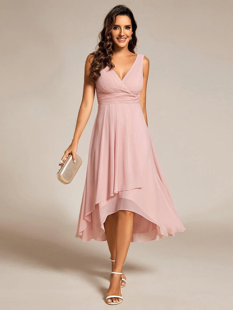 ever AUGUST|Elegant V-Neck Sleeveless Pleated High-Low Chiffon Dress in Pink(Final Sale) - Image 4