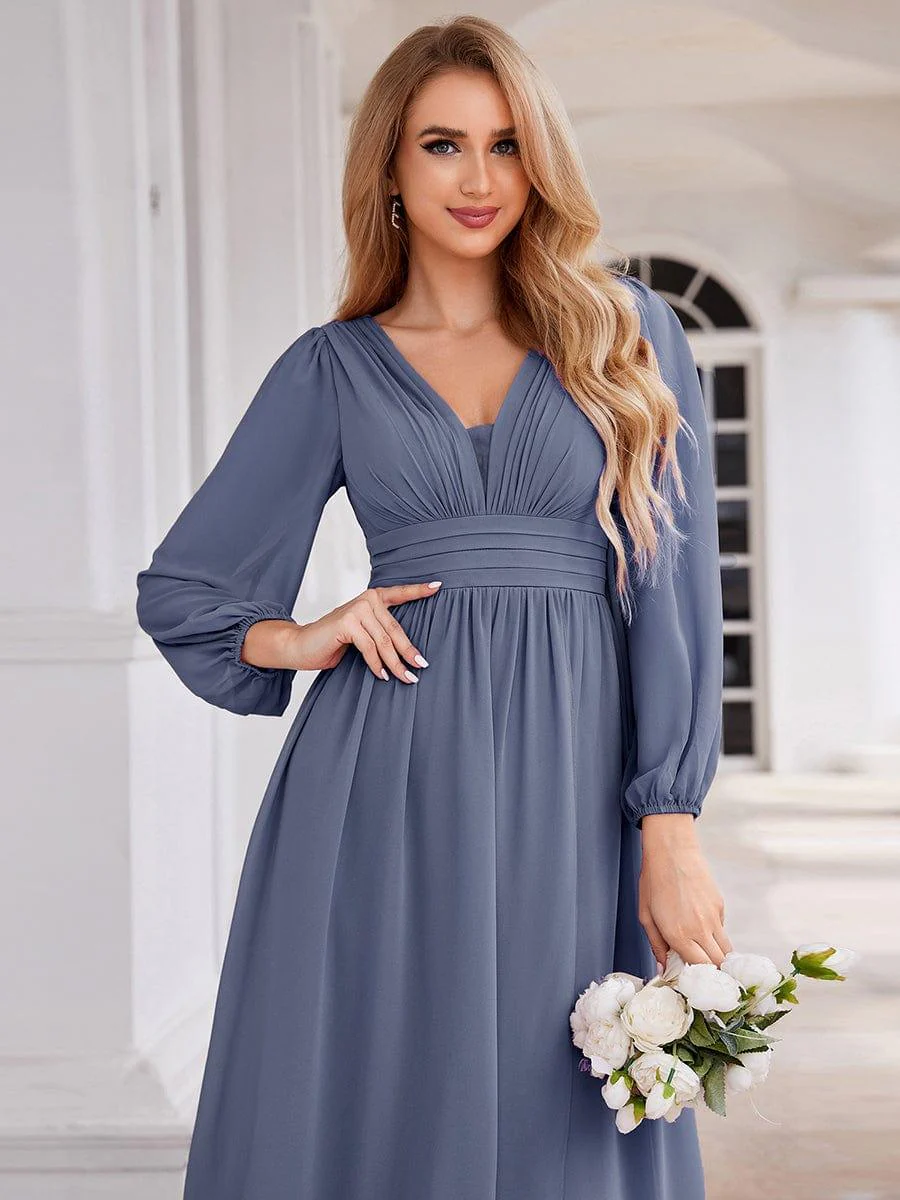 ever GRIFFIN|Enchanting Chiffon Lantern Sleeve Pleated High Waist Dress in Dusty Blue - Image 3