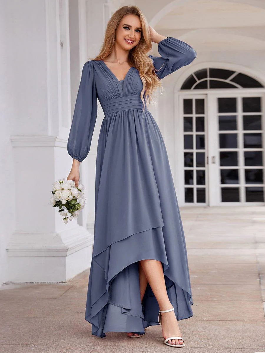 ever GRIFFIN|Enchanting Chiffon Lantern Sleeve Pleated High Waist Dress in Dusty Blue - Image 5