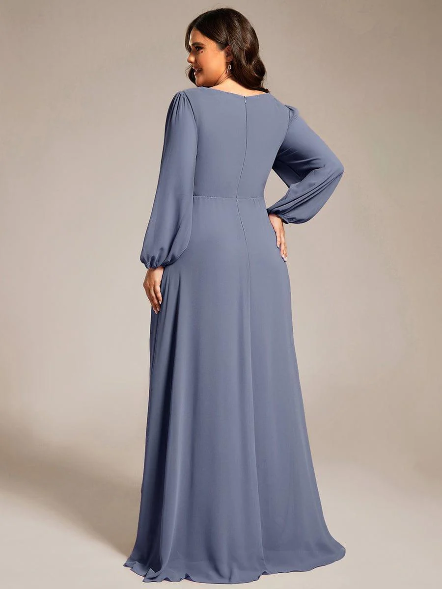 ever GRIFFIN|Enchanting Chiffon Lantern Sleeve Pleated High Waist Dress in Dusty Blue - Image 7