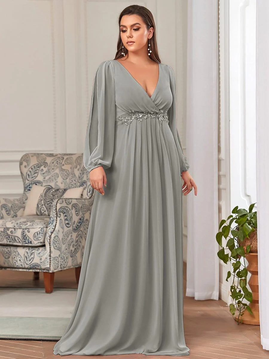 ever AMOUR|Lantern Long Slit Sleeve Deep V Applique Maxi Evening Dress - Image 98