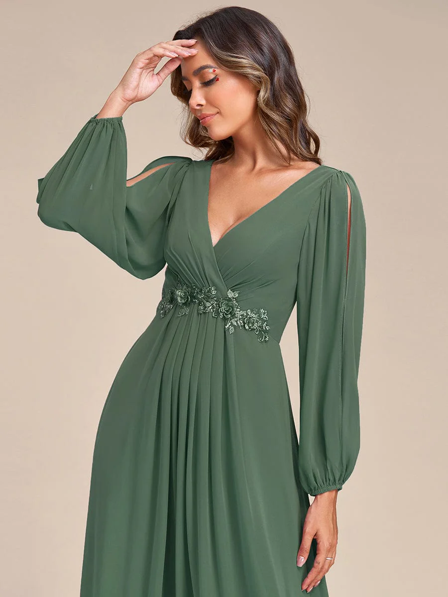 ever AMOUR|Lantern Long Slit Sleeve Deep V Applique Maxi Evening Dress - Image 130