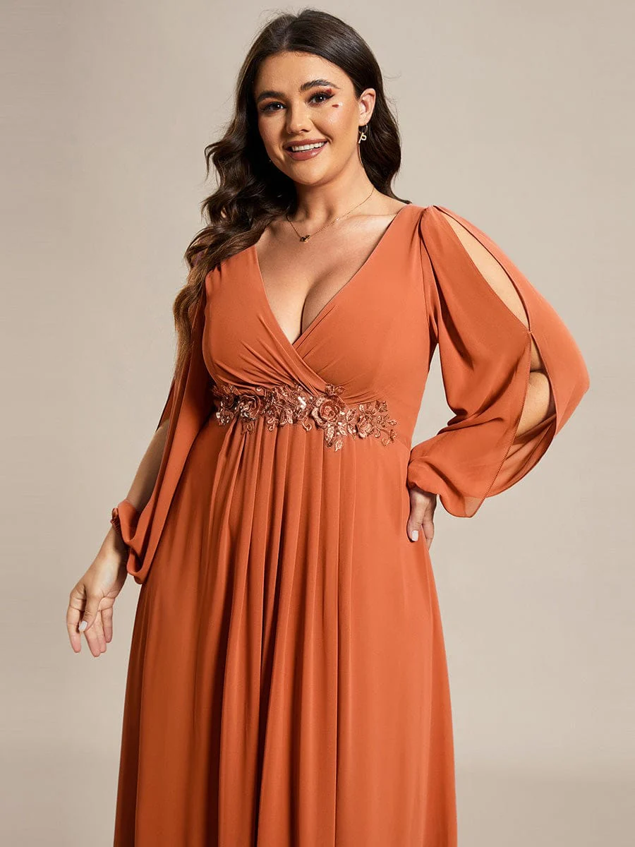 ever AMOUR|Lantern Long Slit Sleeve Deep V Applique Maxi Evening Dress - Image 155