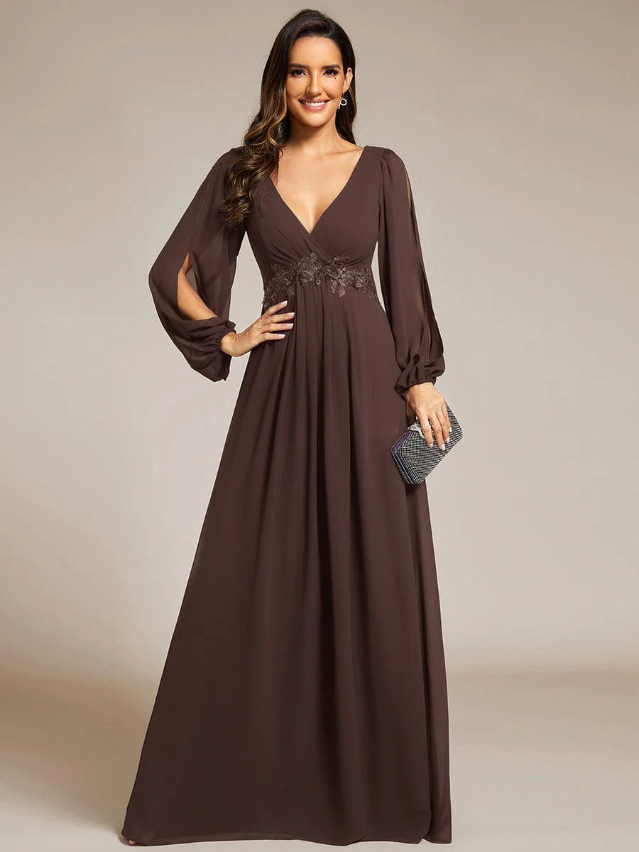 ever AMOUR|Lantern Long Slit Sleeve Deep V Applique Maxi Evening Dress - Image 168
