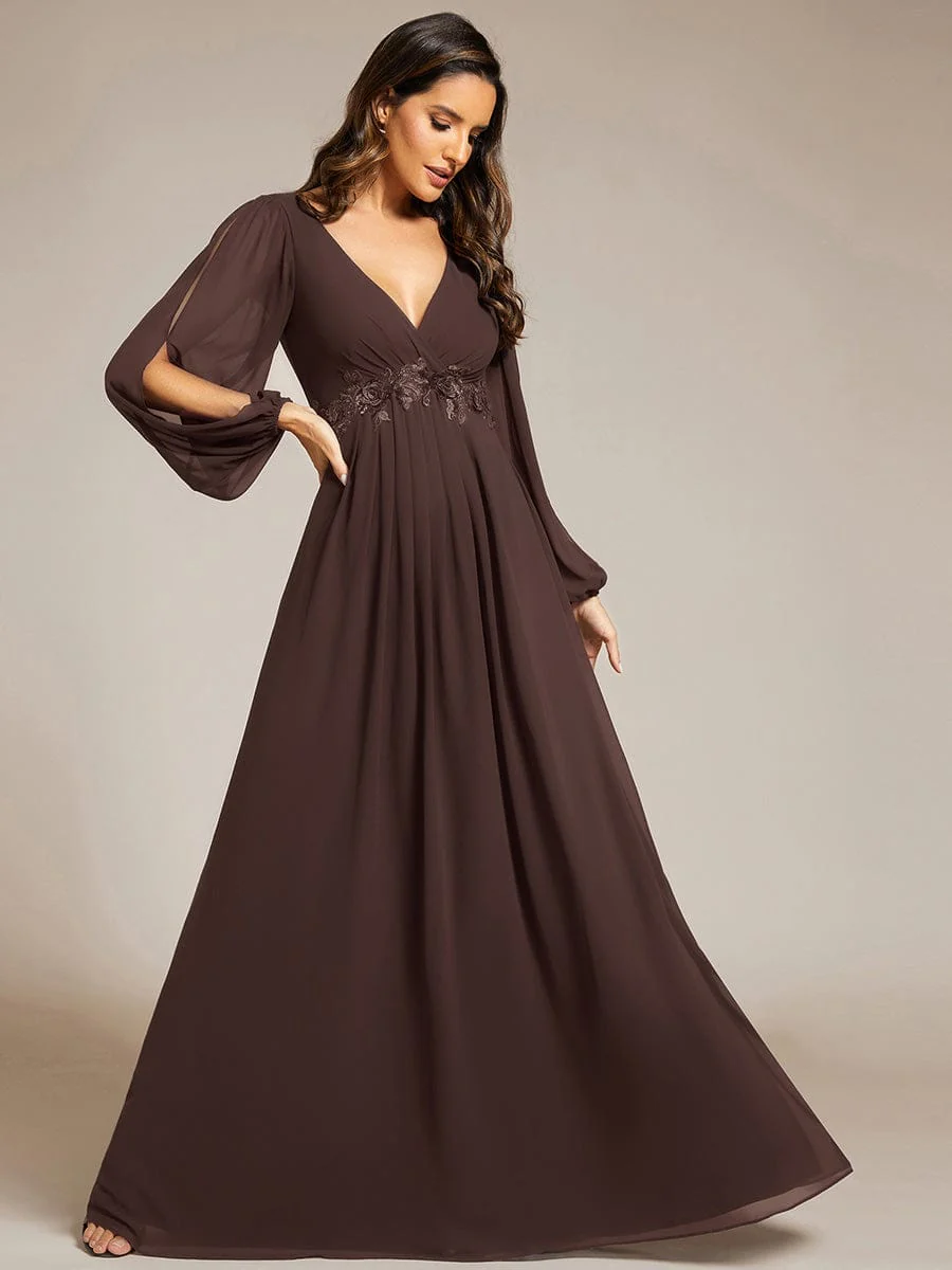 ever AMOUR|Lantern Long Slit Sleeve Deep V Applique Maxi Evening Dress - Image 171