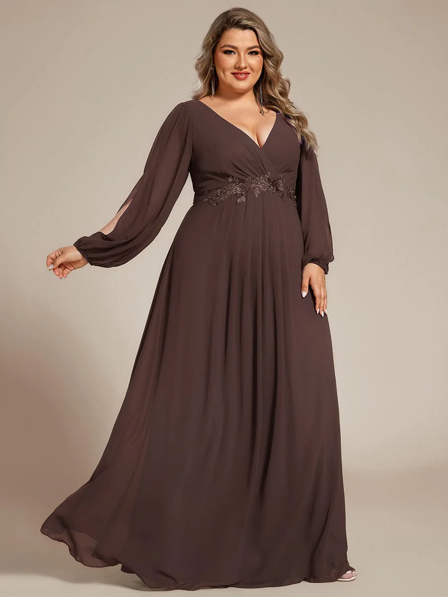 ever AMOUR|Lantern Long Slit Sleeve Deep V Applique Maxi Evening Dress - Image 177