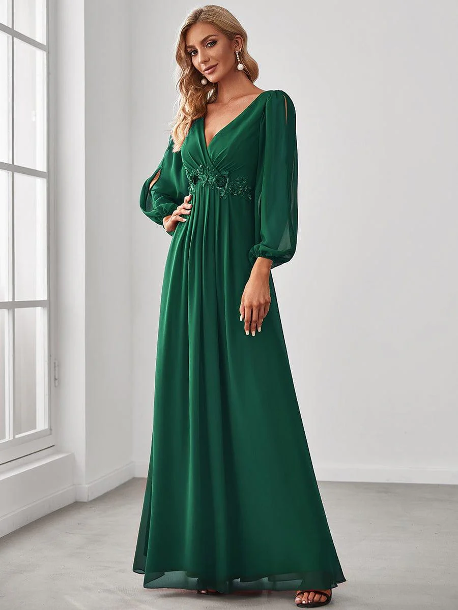 ever AMOUR|Lantern Long Slit Sleeve Deep V Applique Maxi Evening Dress - Image 17