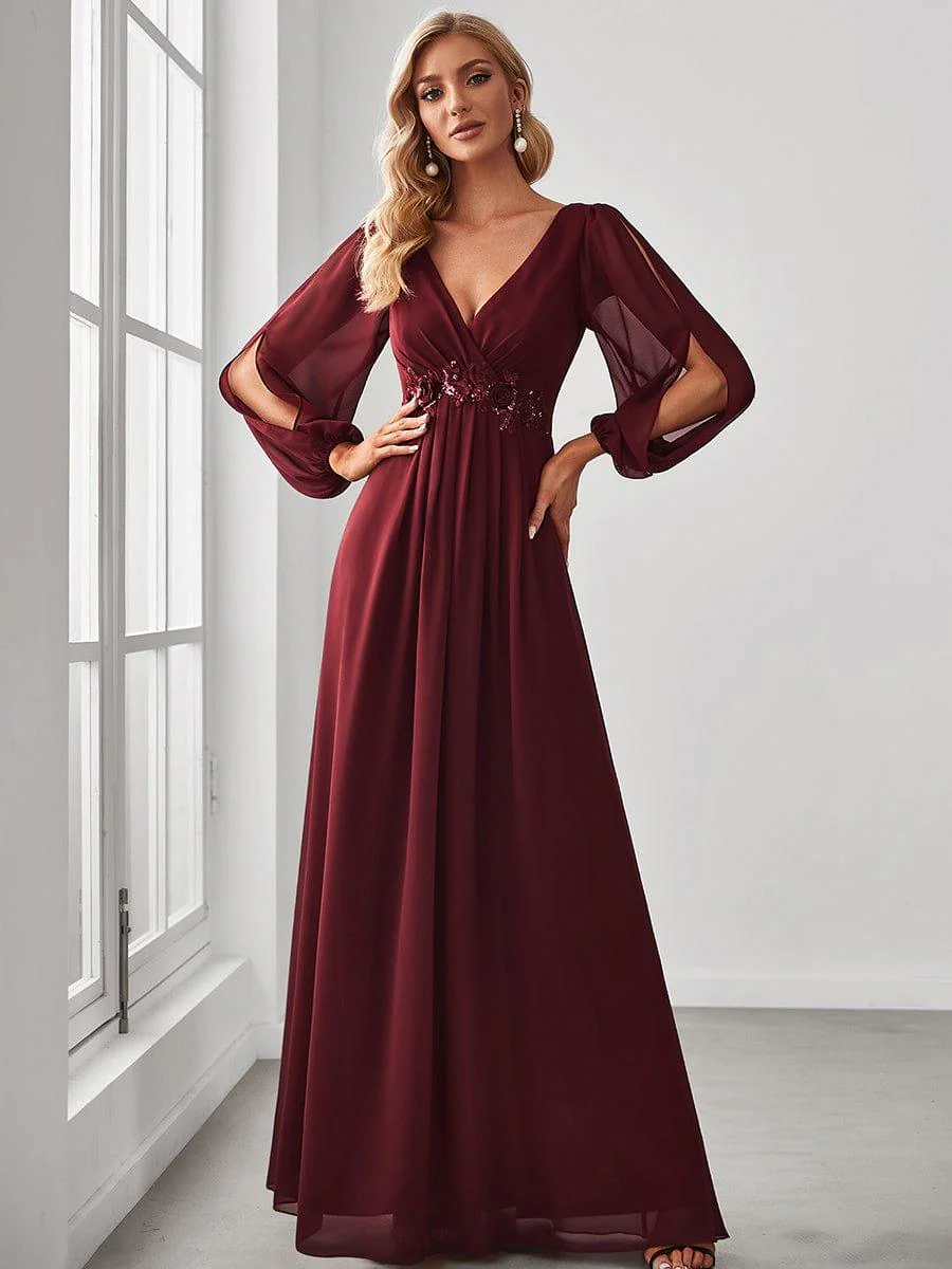 ever AMOUR|Lantern Long Slit Sleeve Deep V Applique Maxi Evening Dress - Image 30