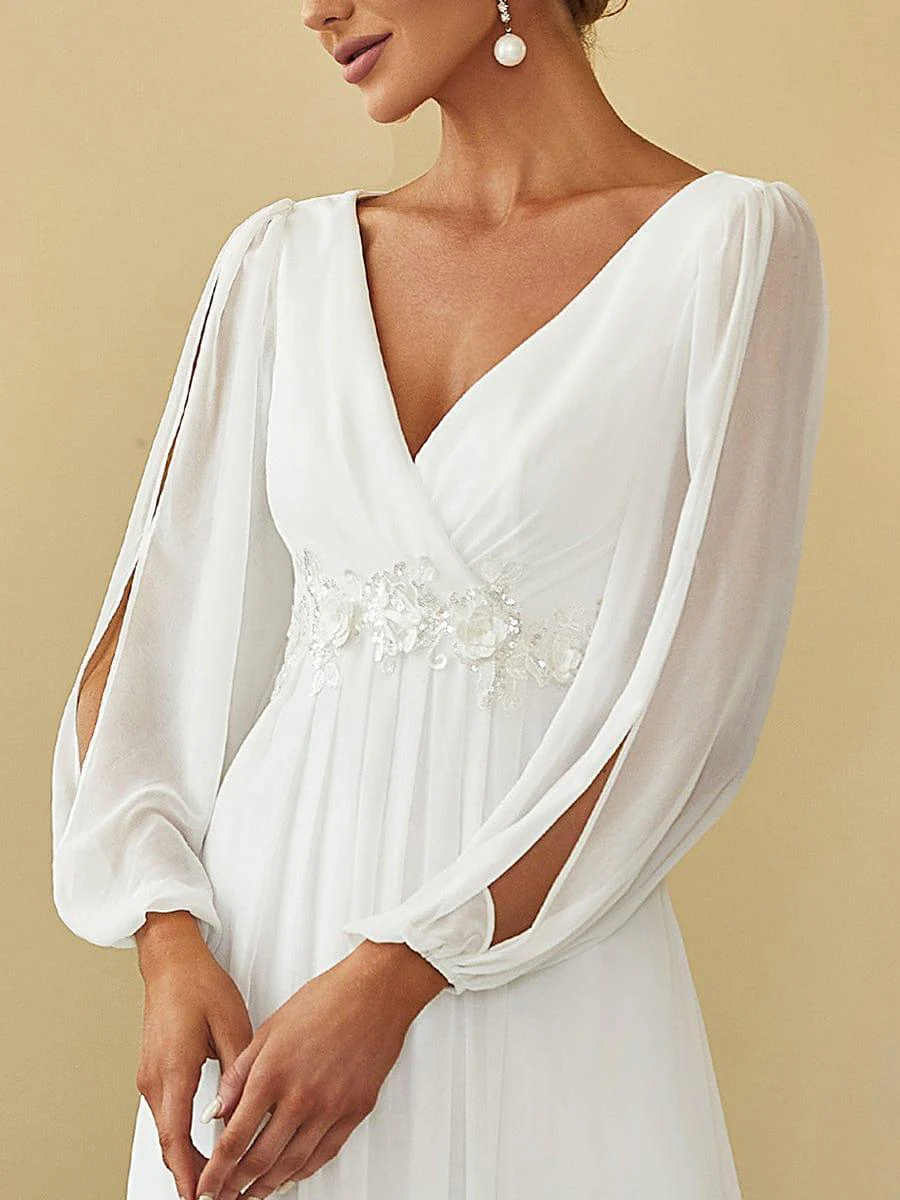ever AMOUR|Lantern Long Slit Sleeve Deep V Applique Maxi Evening Dress - Image 40