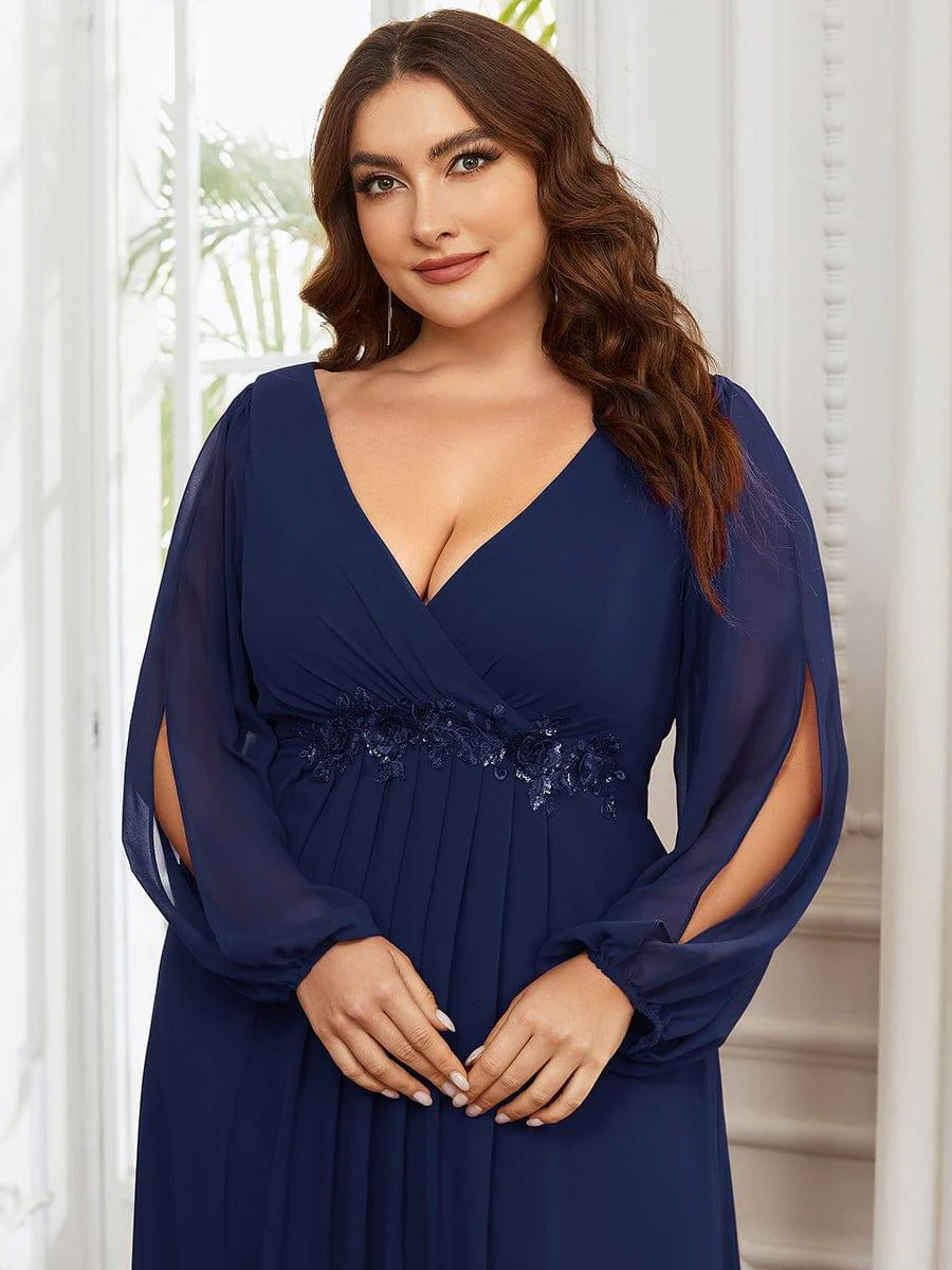 ever AMOUR|Lantern Long Slit Sleeve Deep V Applique Maxi Evening Dress - Image 51