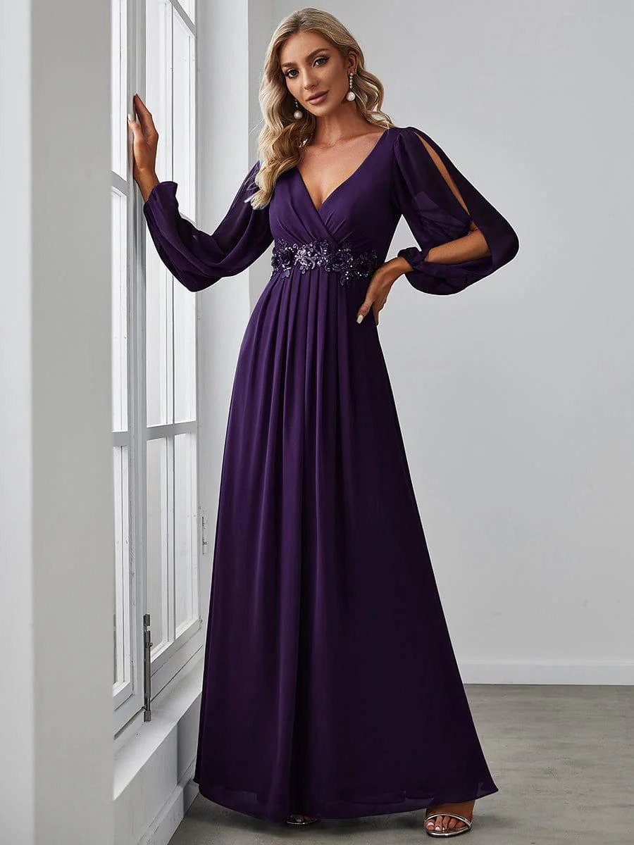 ever AMOUR|Lantern Long Slit Sleeve Deep V Applique Maxi Evening Dress - Image 54