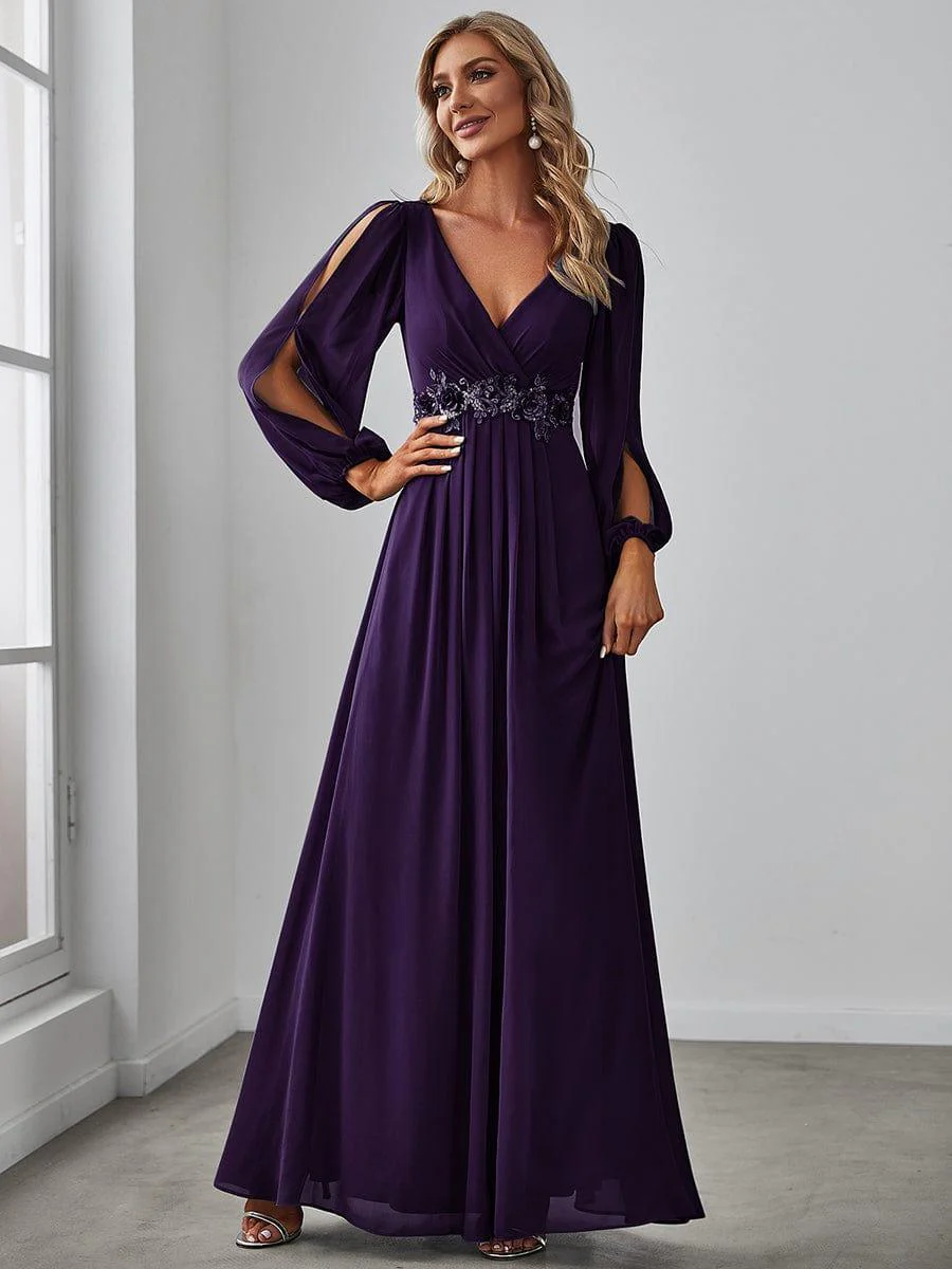 ever AMOUR|Lantern Long Slit Sleeve Deep V Applique Maxi Evening Dress - Image 57