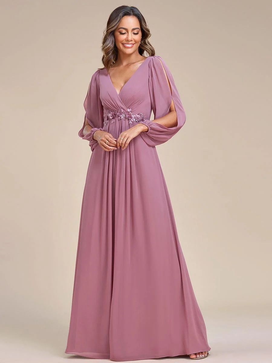 ever AMOUR|Lantern Long Slit Sleeve Deep V Applique Maxi Evening Dress - Image 63