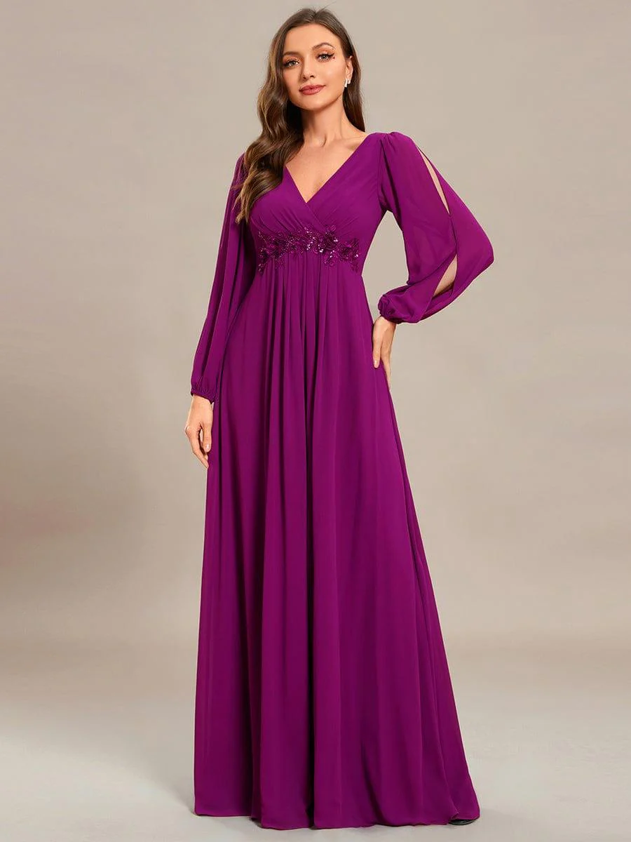 ever AMOUR|Lantern Long Slit Sleeve Deep V Applique Maxi Evening Dress - Image 84