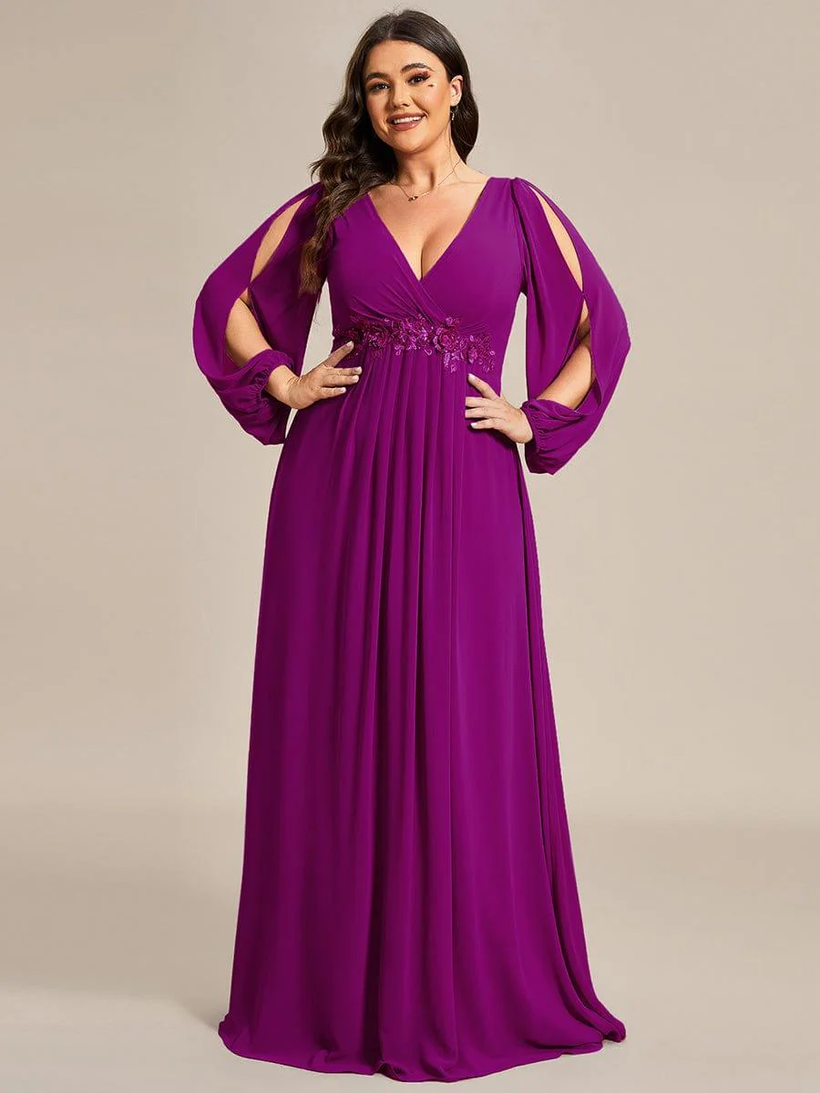 ever AMOUR|Lantern Long Slit Sleeve Deep V Applique Maxi Evening Dress - Image 89