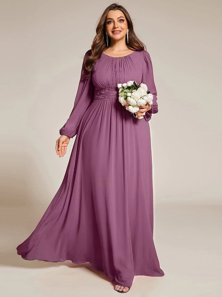 pretty CELESTE|Plus Size Sheer Long Sleeve Pleated Floor Length Bridesmaid Dress - Image 58